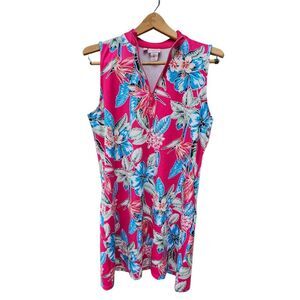 Tommy Bahama Hot Pink Sleeveless Golf Dress Tropical Print 1/4 Zip Pickleball L